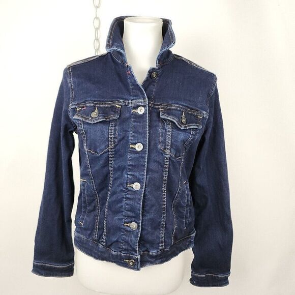 EV1 Dark Wash Stretch Denim Trucker Jean Jacket Love Graphic on Back Womens M - Picture 1 of 7